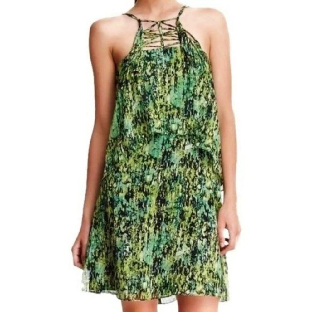 BCBGMaxazria Silk Kaia Tiered Dress XS Halter Cocktail Abstract Green